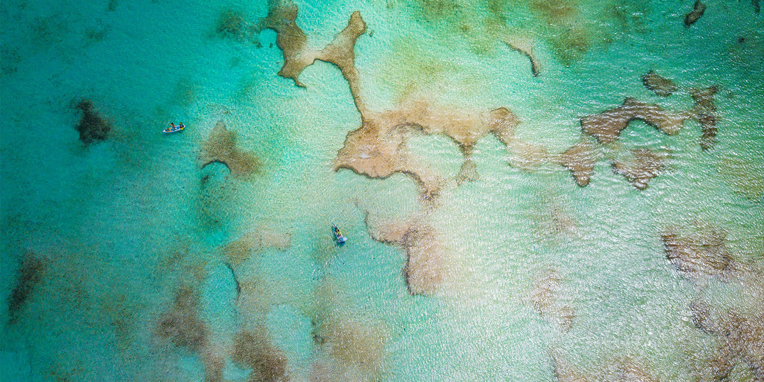 an aerial image of two paddleboarders paddling over coral reefs