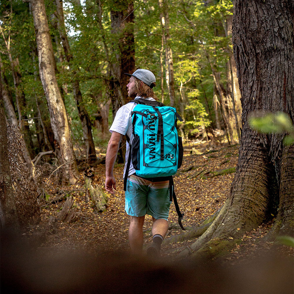 a man walking through the new zealand bush with a blue backpack