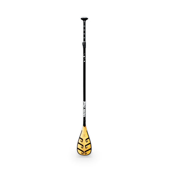 A lightweight fiberglass SUP paddle with a black shaft and a yellow blade, featuring a narrow blade design.