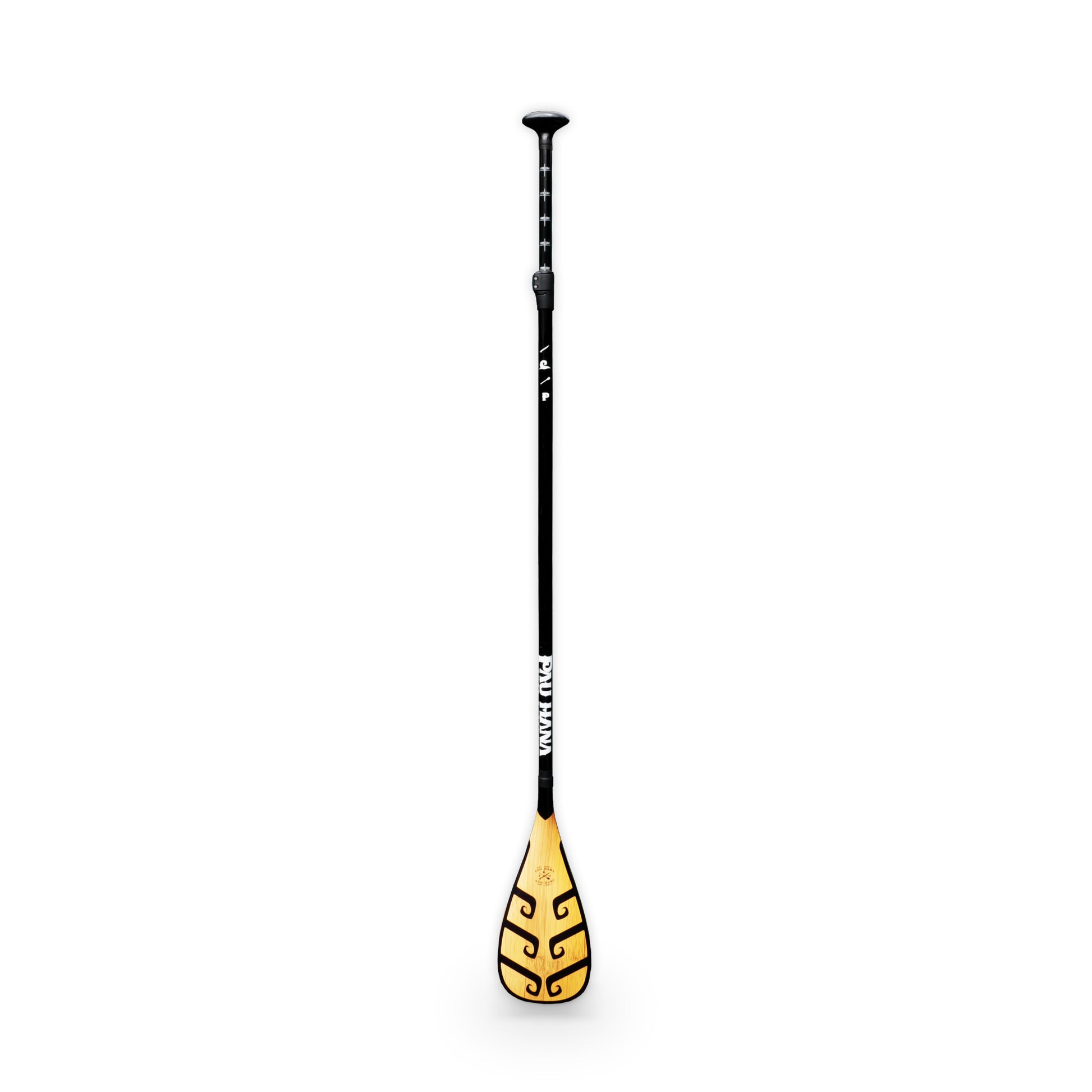 A lightweight fiberglass SUP paddle with a black shaft and a yellow blade, featuring a narrow blade design.