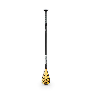A lightweight fiberglass SUP paddle with a black shaft and a yellow blade, featuring a narrow blade design.