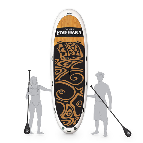 A large inflatable paddleboard with a geometric pattern, known as the Oahu Nui Giant iSUP, displayed next to two silhouettes of people paddling and standing on the board.