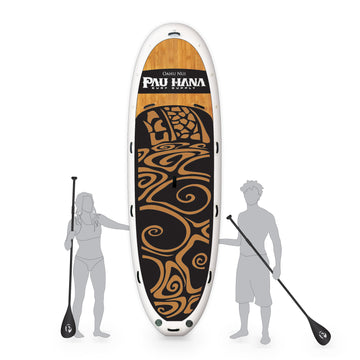 A large inflatable paddleboard with a geometric pattern, known as the Oahu Nui Giant iSUP, displayed next to two silhouettes of people paddling and standing on the board.