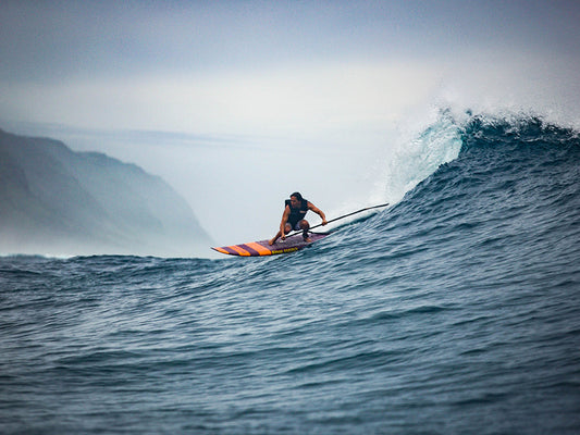 a sup surfer catching a big wave with misty mountains in the background