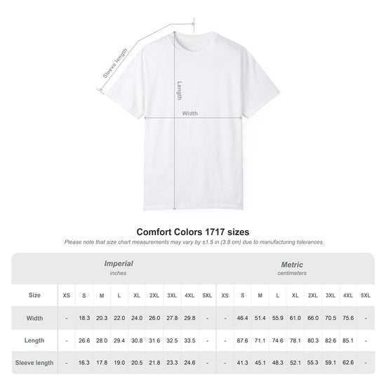 White t-shirt with measurement chart on a white background