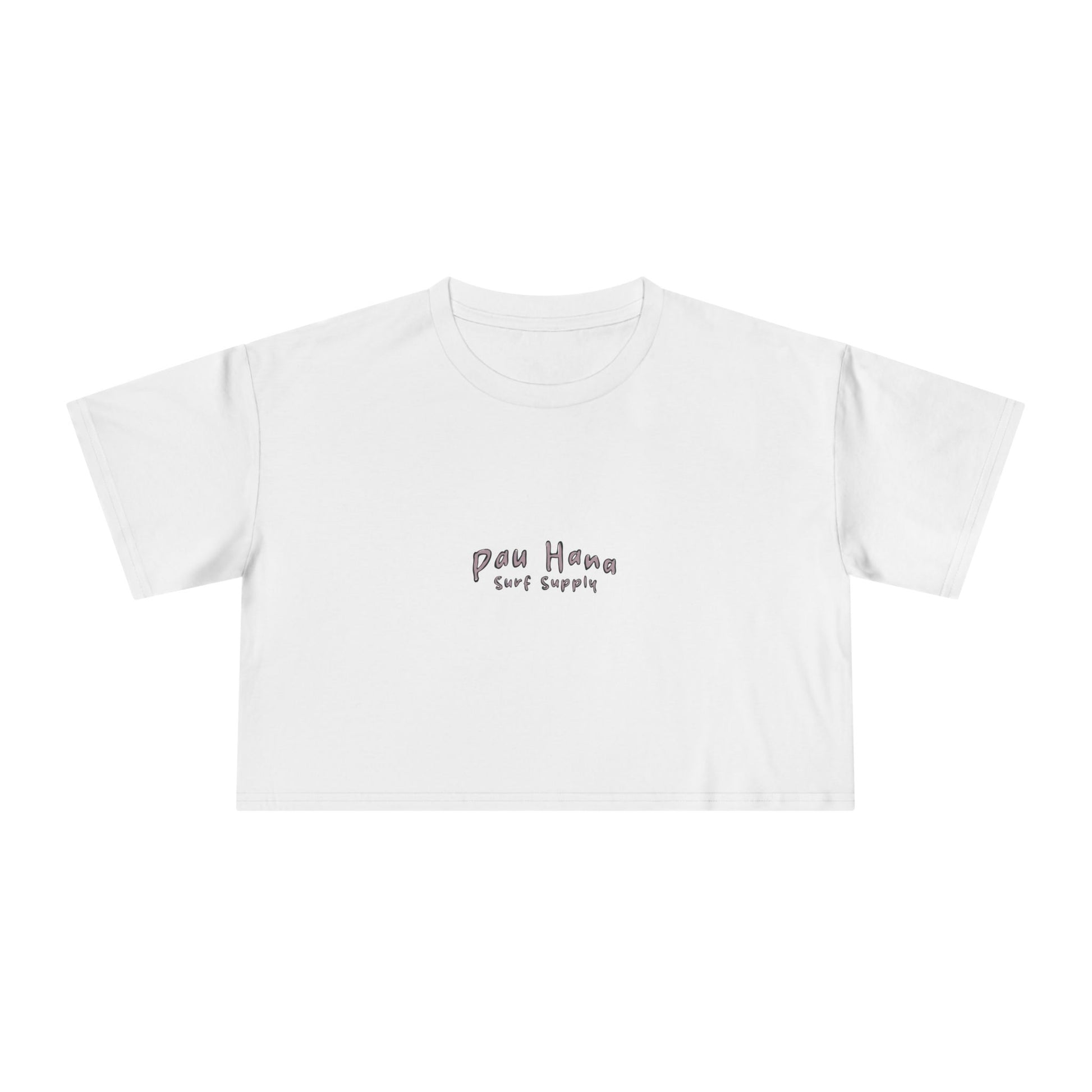 White t-shirt with 'Pau hana Surf Supply' text on a white background