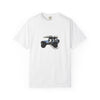 White t-shirt with a graphic of a jeep on a white background