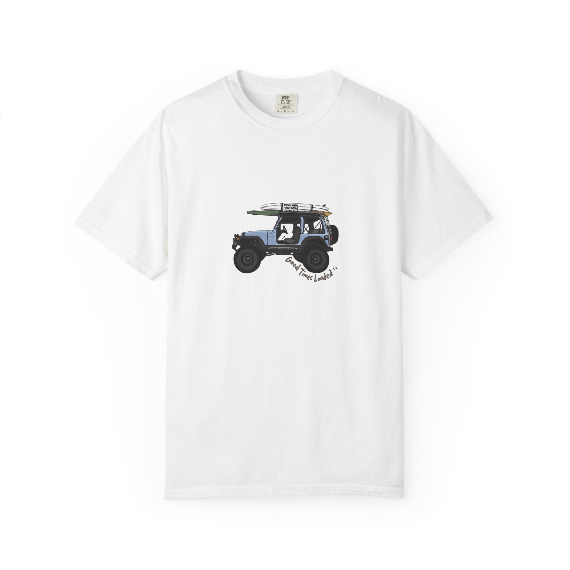 White t-shirt with a graphic of a jeep on a white background
