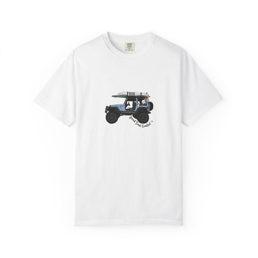 White t-shirt with a graphic of a jeep on a white background