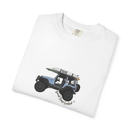 White t-shirt with a graphic of a jeep and surfboard on a white background