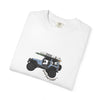 White t-shirt with a graphic of a jeep and surfboard on a white background