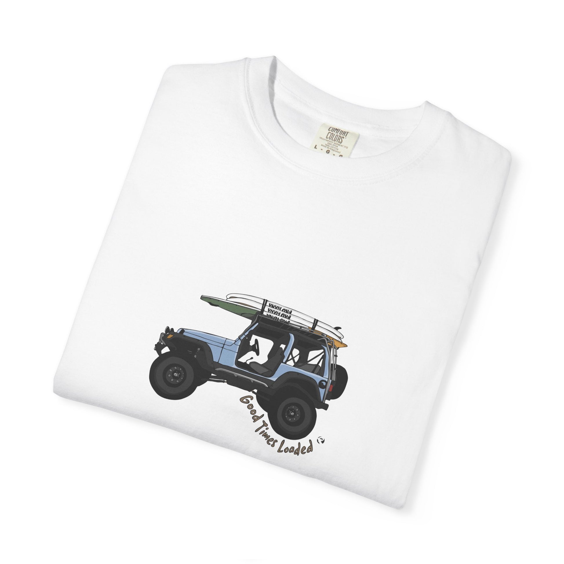 White t-shirt with a graphic of a jeep and surfboard on a white background