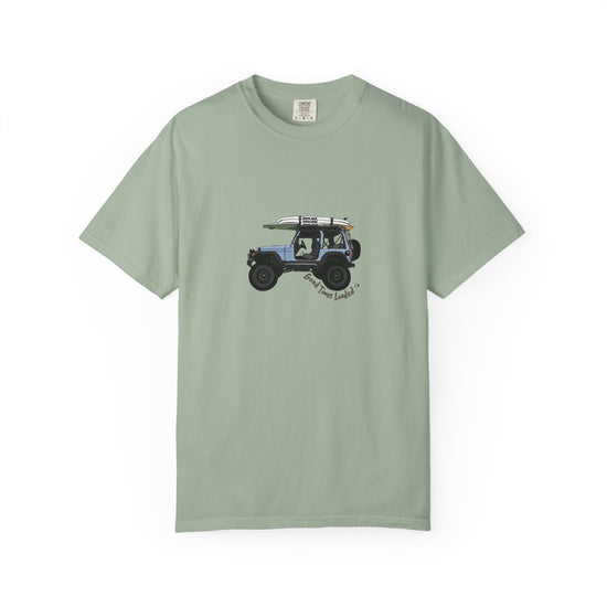 Light green t-shirt with a graphic of a jeep and surfboard on a white background