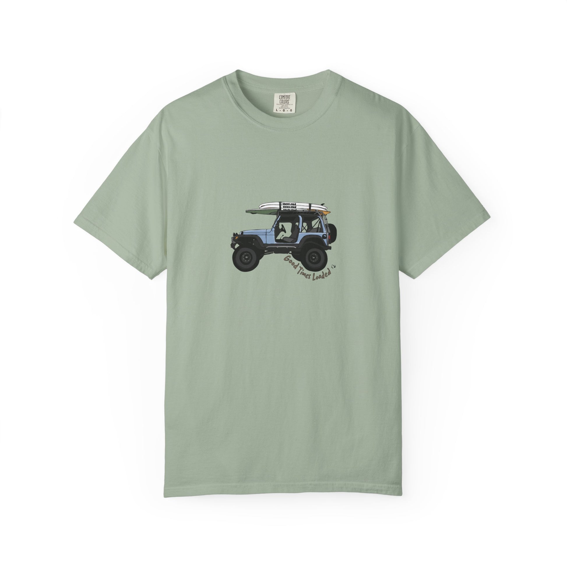 Light green t-shirt with a graphic of a jeep and surfboard on a white background