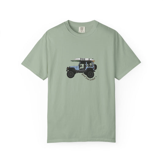 Light green t-shirt with a graphic of a jeep and surfboard on a white background