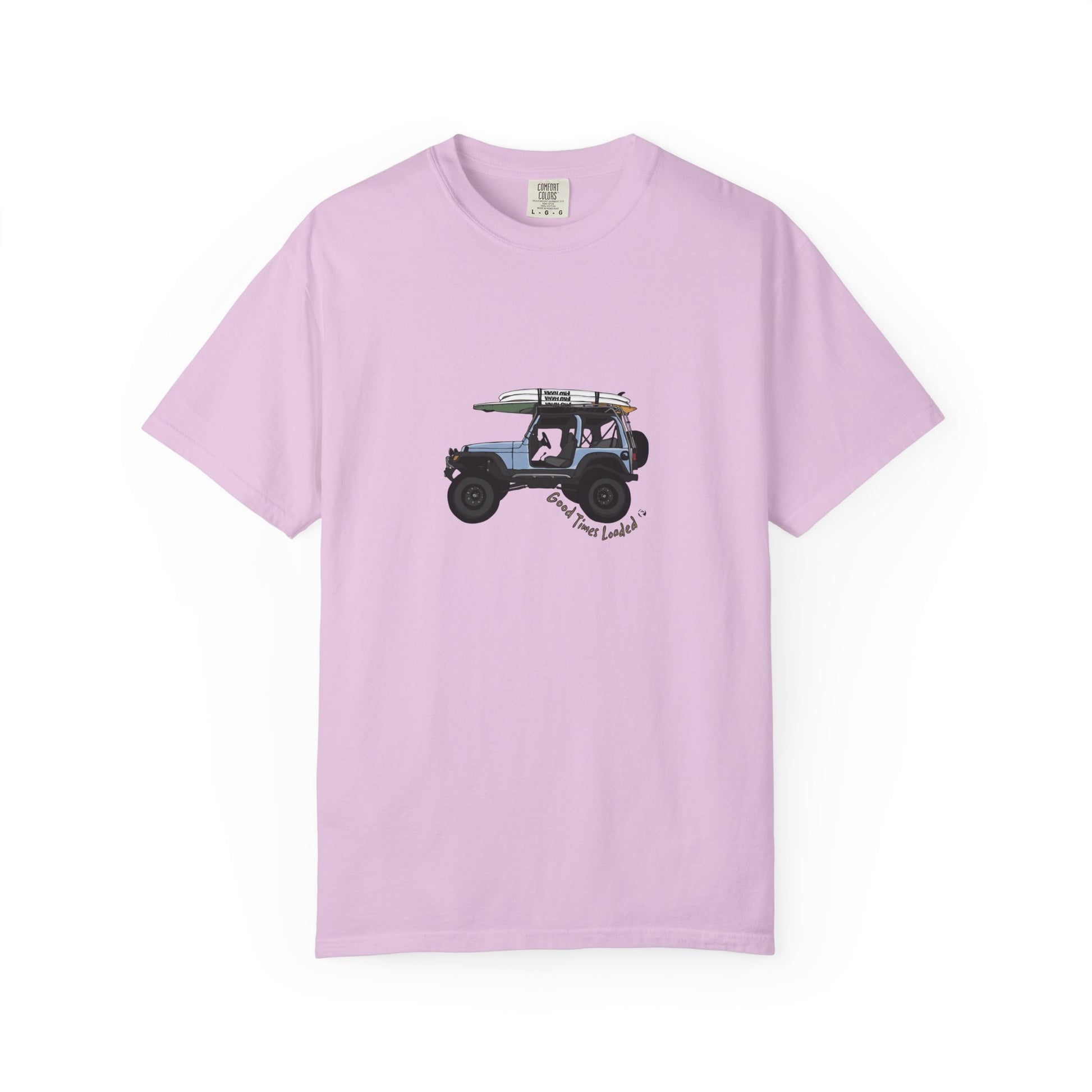 Light purple t-shirt with a graphic of a jeep and text on a white background