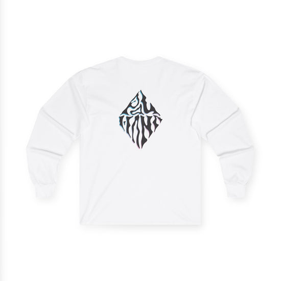 White sweatshirt with black geometric pattern on a white background