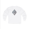 White sweatshirt with black geometric pattern on a white background