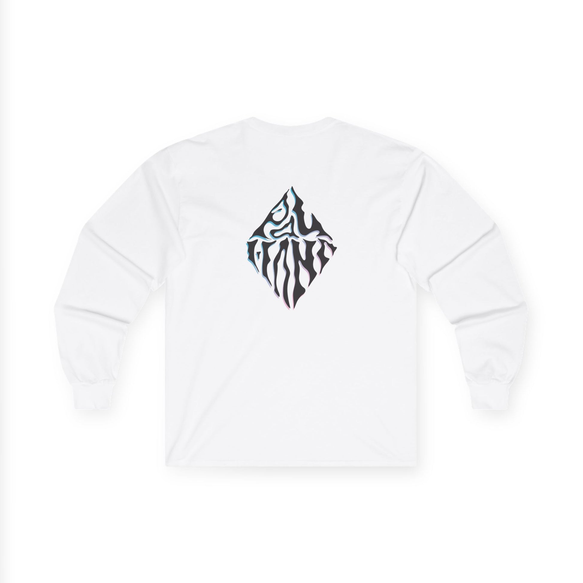 White sweatshirt with black geometric pattern on a white background