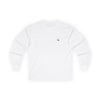White long-sleeve shirt with a small black logo on a white background