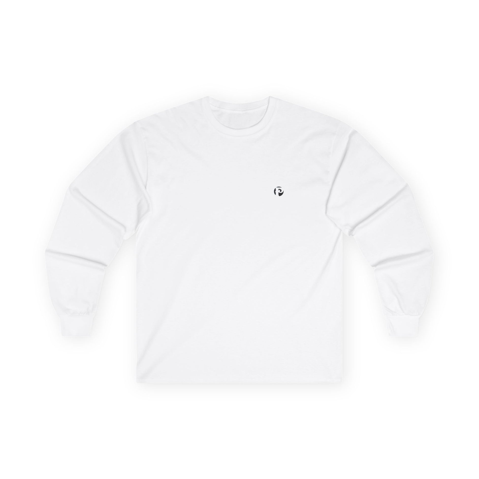 White long-sleeve shirt with a small black logo on a white background