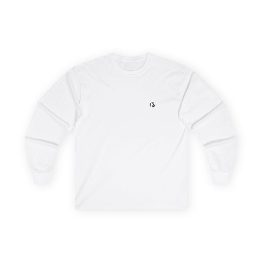 White long-sleeve shirt with a small black logo on a white background