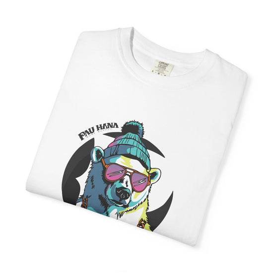 White t-shirt with a colorful bear graphic and 'Pau Hana' text on a white background