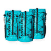 Three turquoise bags with black straps and branding on a white background