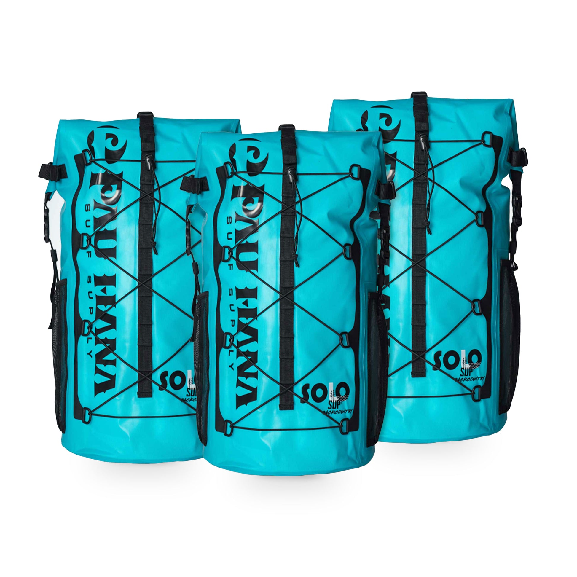 Three turquoise bags with black straps and branding on a white background