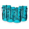 Five blue bags with black straps and text on a white background