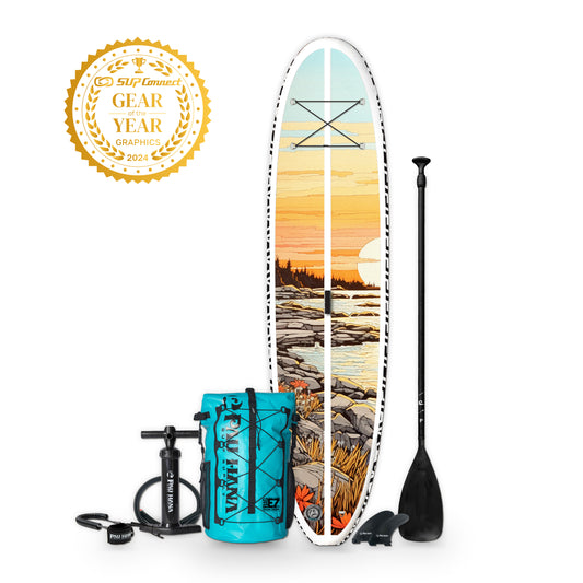 image of the Stowaway Lite inflatable paddle board and accessories in maine island trail