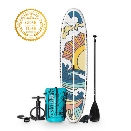 image of the Stowaway Lite inflatable paddle board and accessories in hippy wave