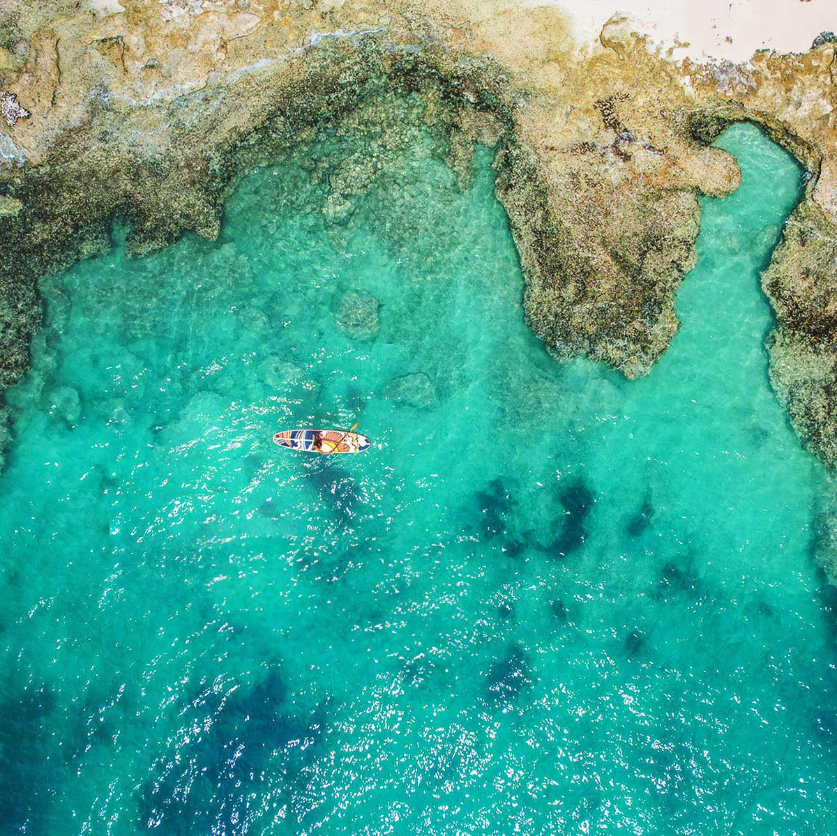 an aerial image of a colorful  paddleboard on the ocean next to the shoreline