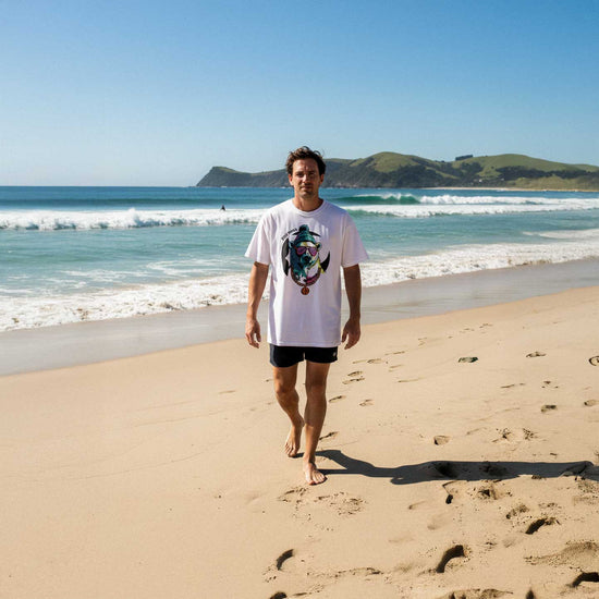 Man walking on a sandy beach with ocean and mountains in the background